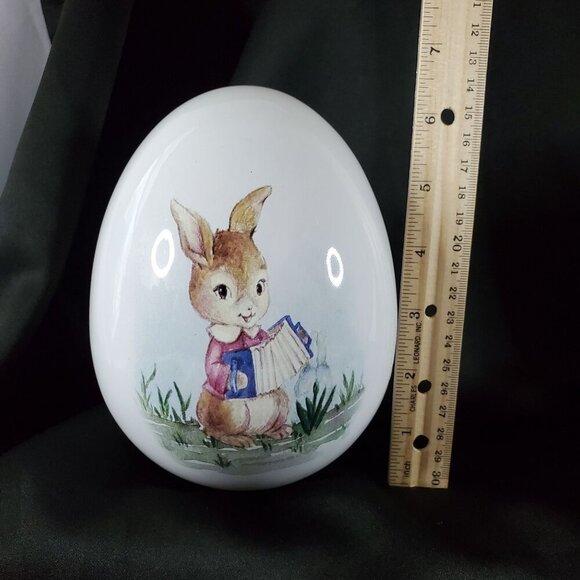 VTG Decorative Ceramic Egg With Easter Bunny Playing Accordion 6.5" Tall 4" Wide - Picture 3 of 8